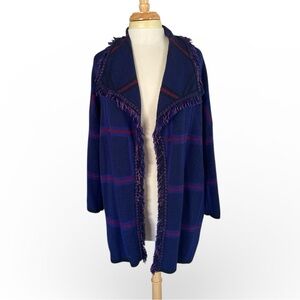 St. John Collection Royal Blue Plaid Fringe Open Front Santana Knit Jacket
